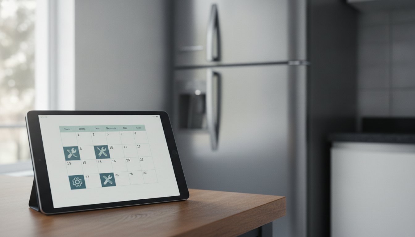 Tela de tablet exibindo um calendário ilustrado com ícones de ferramentas ao lado de um refrigerador.