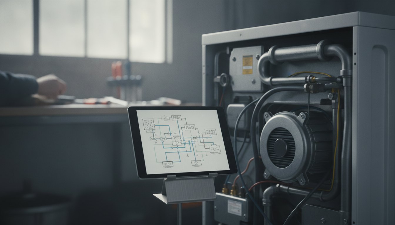 Pessoa segurando um tablet com um diagrama técnico ao lado de uma máquina de lavar.