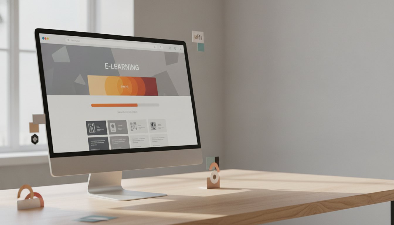 Monitor exibindo plataforma de ensino a distância com uma barra colorida preenchida pela metade.