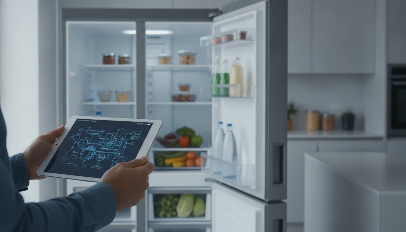 Homem segurando um tablet com um diagrama técnico na tela em frente a uma geladeira aberta.
